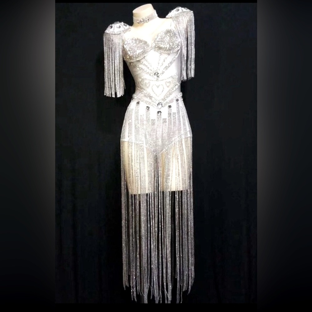 Bridal Fringe Rave Wear Dress Leotard, Glitzy, Showgirl, Festival